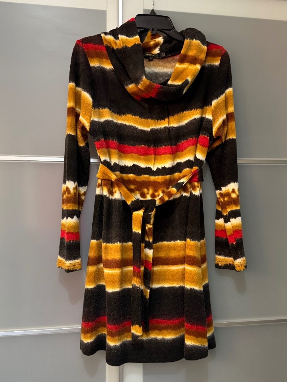 Radzoli Multi-Color Striped Cowl Neck Knit Sweater Dress
